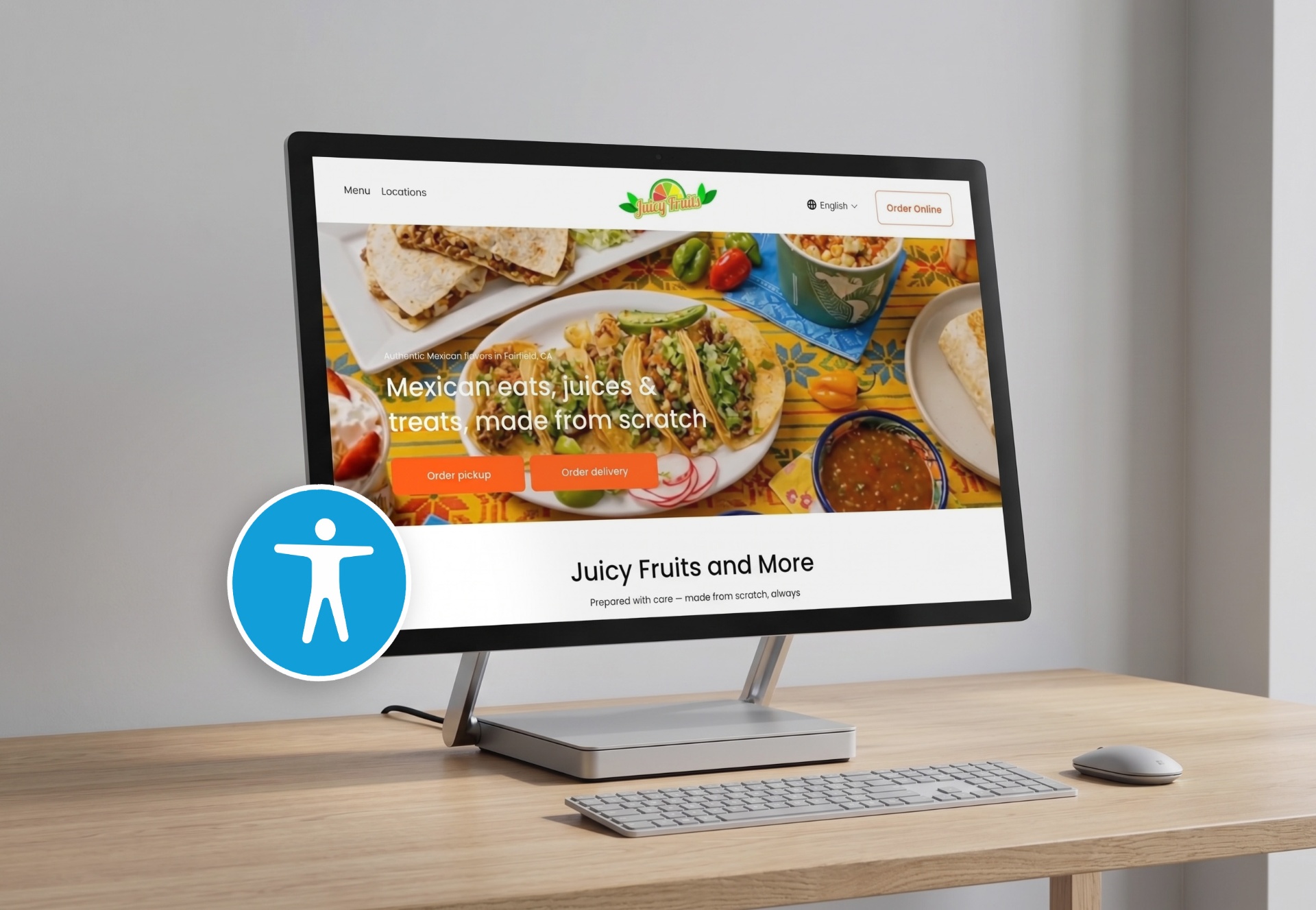Restaurant website displayed on a desktop computer with an accessibility icon overlay