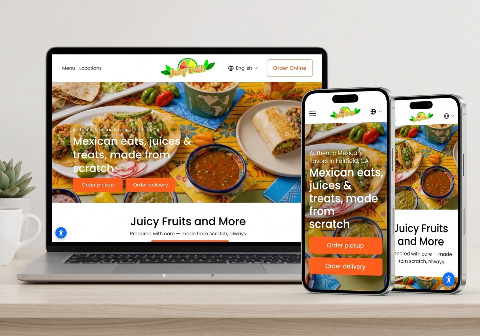 Example restaurant website built by Fonda shown across laptop and mobile devices